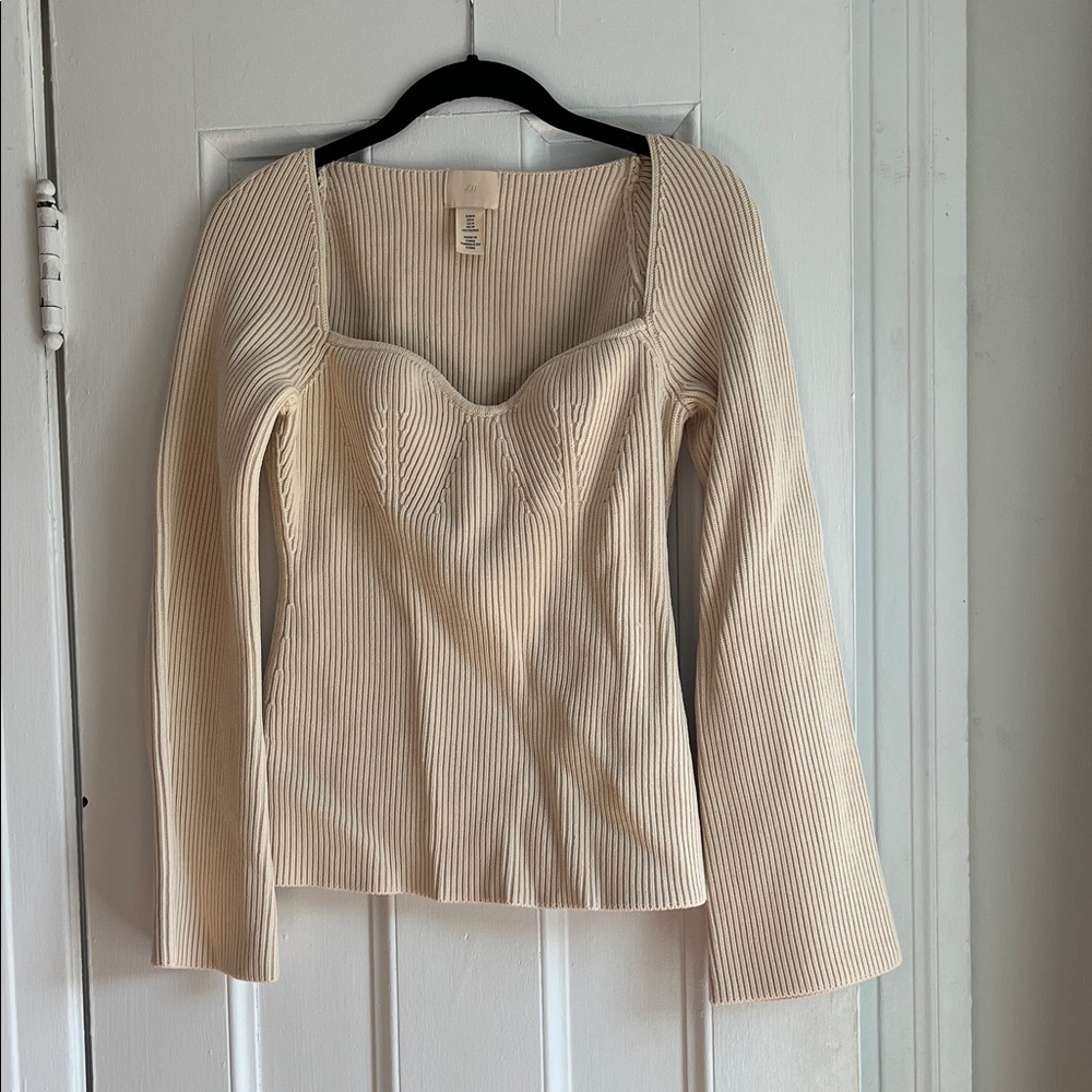Cream Ribbed Square-Neck Sweater